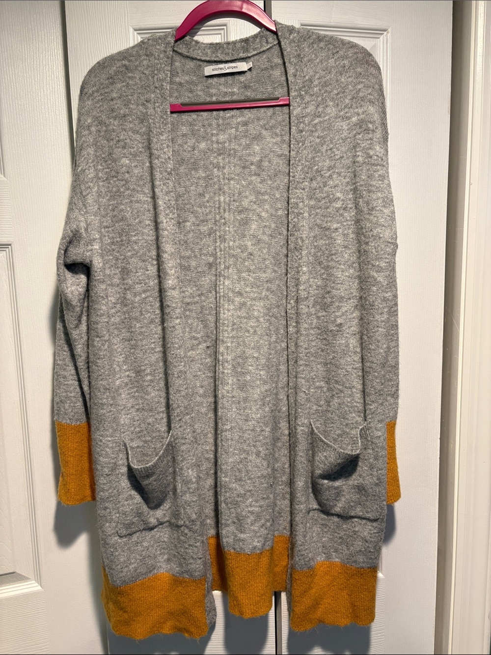 Women's Open-Front Gray Cardigan with Mustard Trim